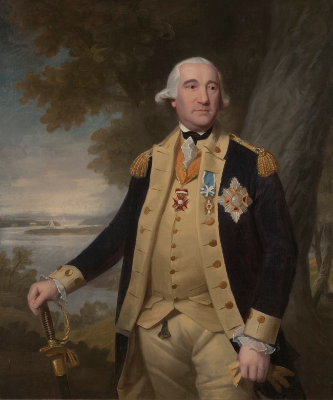 Oil painting of Steuben wearing Continental Army general's uniform. The cross of the Order of Fidelity is prominent on jacket.