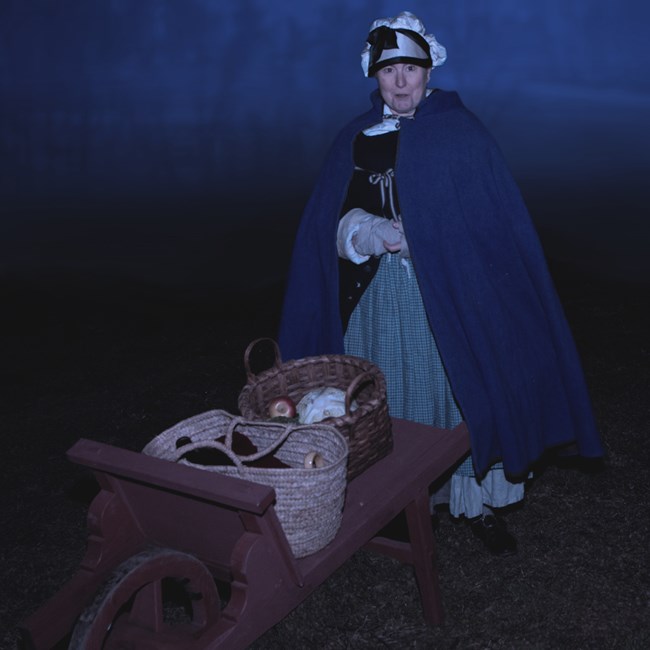 outdoors, night, woman, wheelbarrow