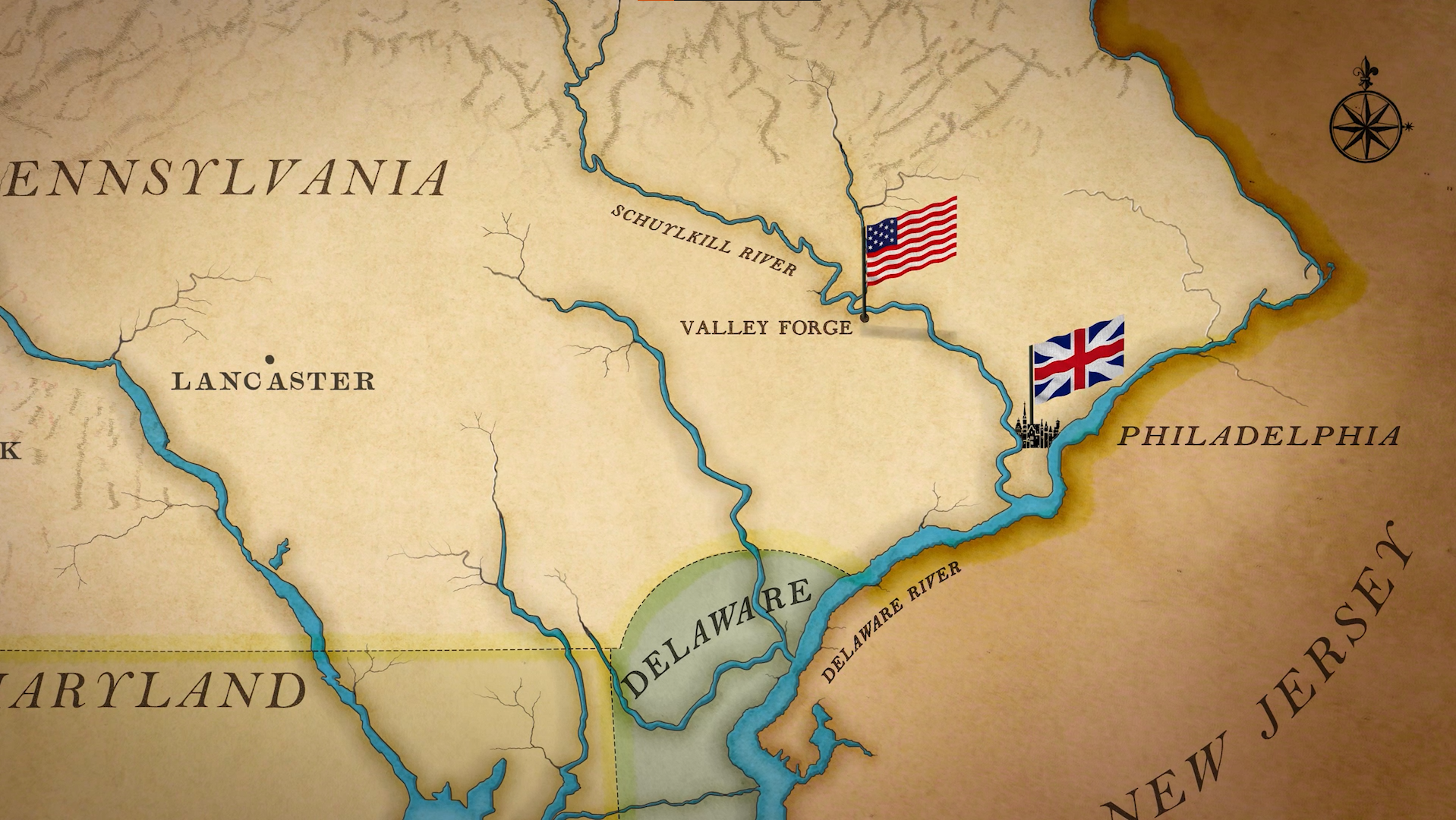 graphic, map, illustration, british flag in Philadelphia, American flag at Valley Forge