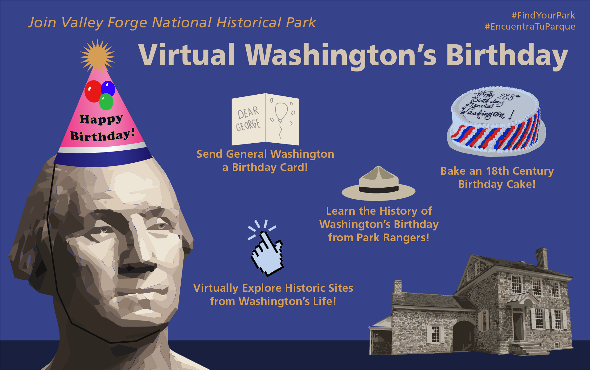 graphic, washington, birthday hat, cake, card, computer pointer, ranger hat