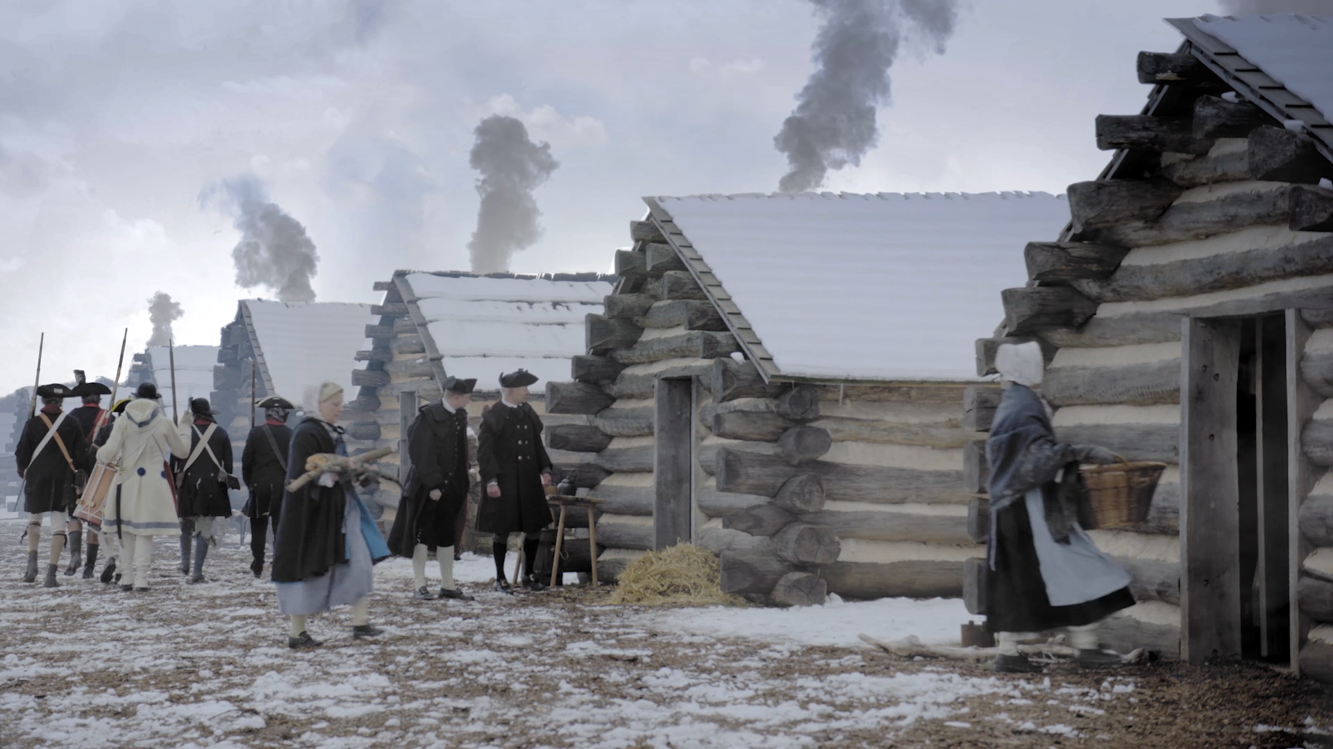 outdoors, living history reenactment, log huts, snow, firewood, soldiers, women