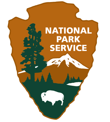 graphic, logo, National Park Service, mountain, lake, trees, bison.