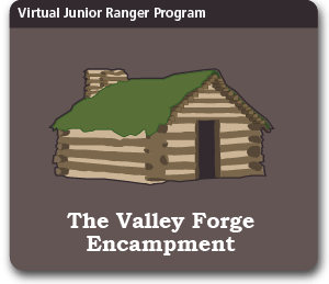 graphic, illustration, virtual junior ranger program, log cabin illustration, the valley forge encampment