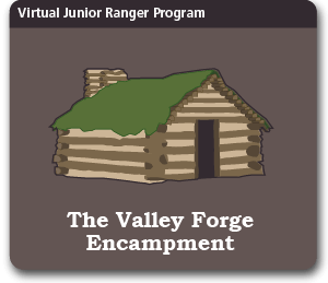 graphic, illustration, virtual junior ranger program, log cabin illustration, the valley forge encampment
