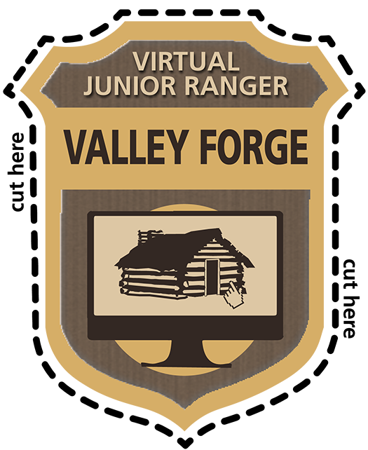 graphic, badge, virtual junior ranger, valley forge, log hut illustration, finger point computer mouse icon, dotted line outline, cut here