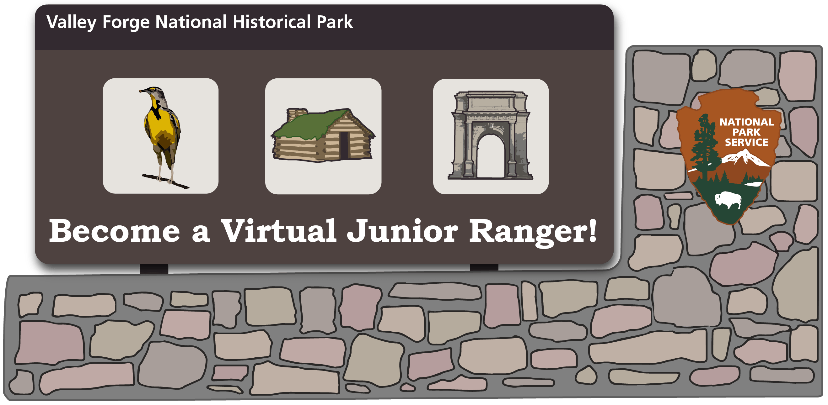 graphic, illustrations, bird, log cabin, arch monument, stone base, national park service arrowhead, Valley Forge National Historical Park, Virtual Junior Ranger Program