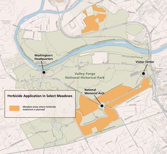 illustrated map of Valley Forge National Historical Park with large orange blocks highlighting select meadows