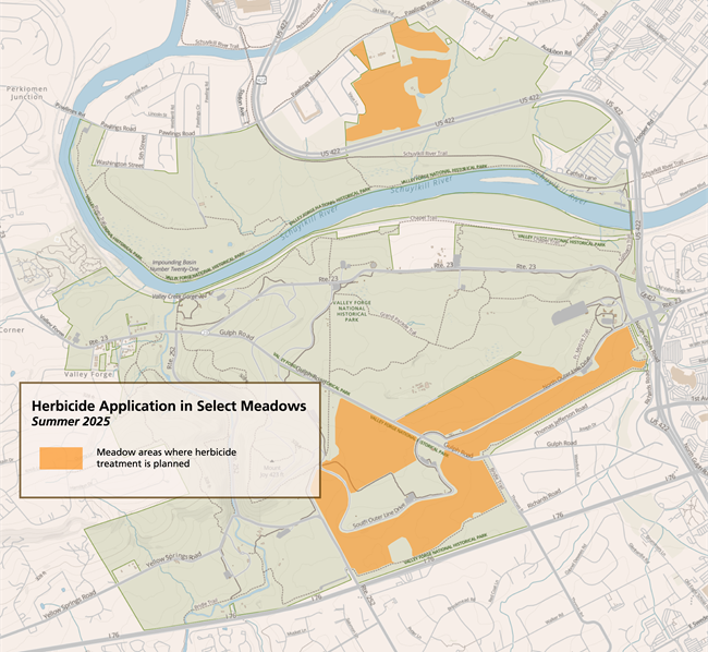 illustrated map of Valley Forge National Historical Park with large orange blocks highlighting select meadows