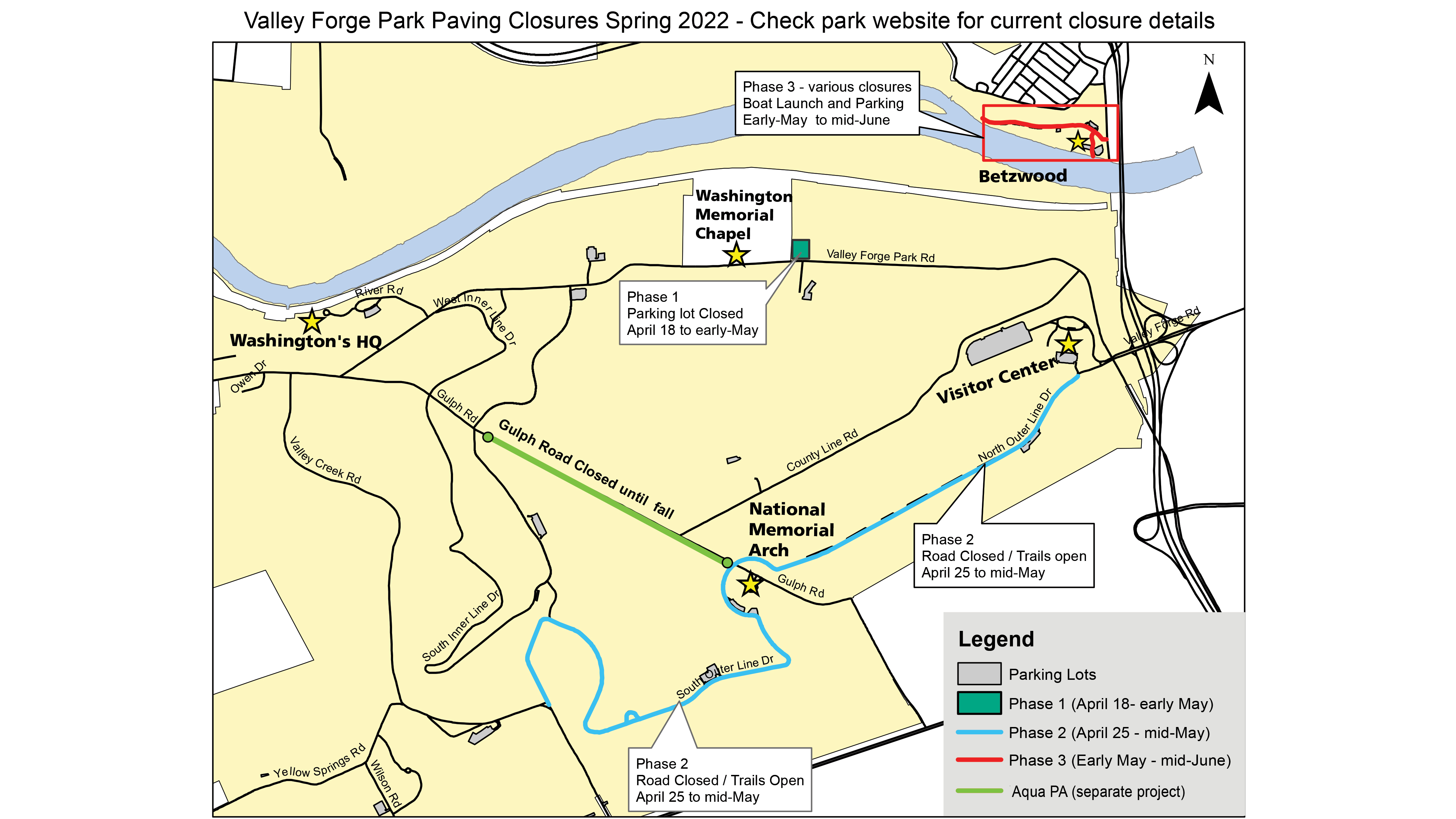 map highlighting three phases of work in different colors