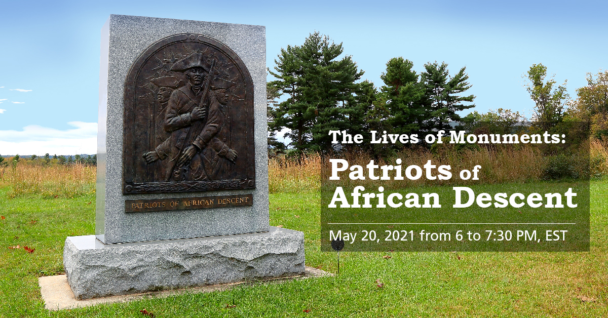 Lives of Monuments: Patriots of African Descent outdoors, grass, trees, stone monument, text