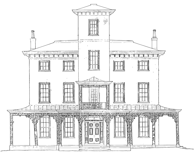 Architectural line drawing of the facade of the Kennedy Supplee mansion.