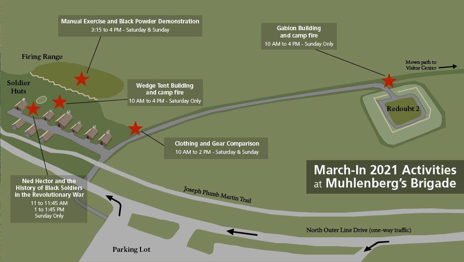 graphic, map, illustration, March-In 2021 Activites, soldier huts, firing range, redoubt 2