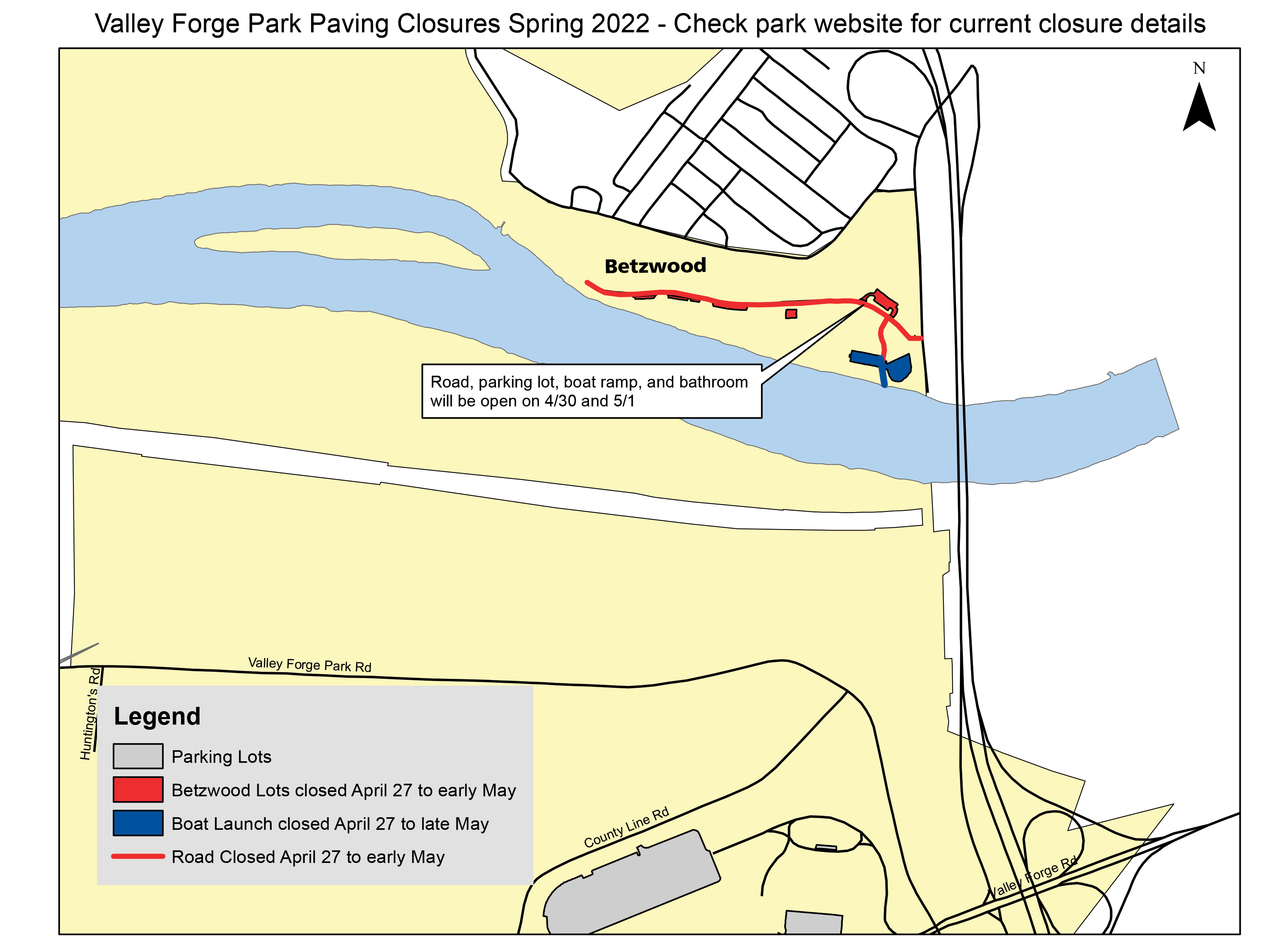 graphic, map of closed road, parking lot, and boat ramp at Betzwood