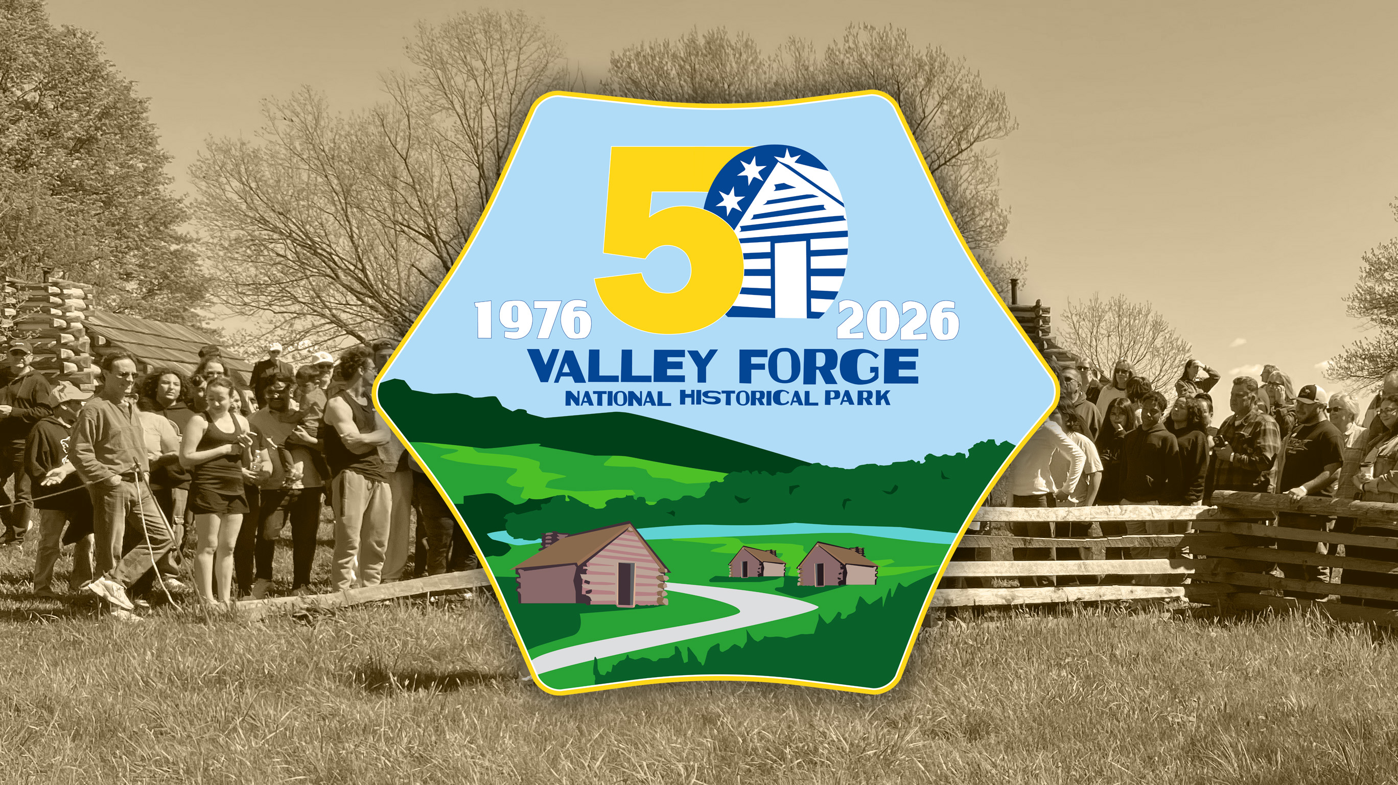 hexagonal logo depicting stylized 50 and log huts in a field. valley forge national historical park, 1976 to 2026