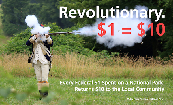 A Soldier Fires a Musket with a Text Graphic Describing Economic Impact to Parks