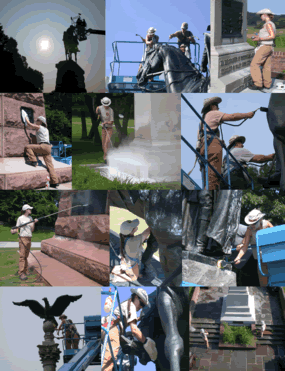 several photos showing workers cleaning and waxing large outdoor monuments.