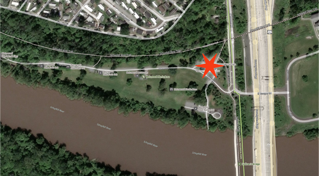 Aerial photo of Betzwood area with star in parking lot marking pick up drop off location