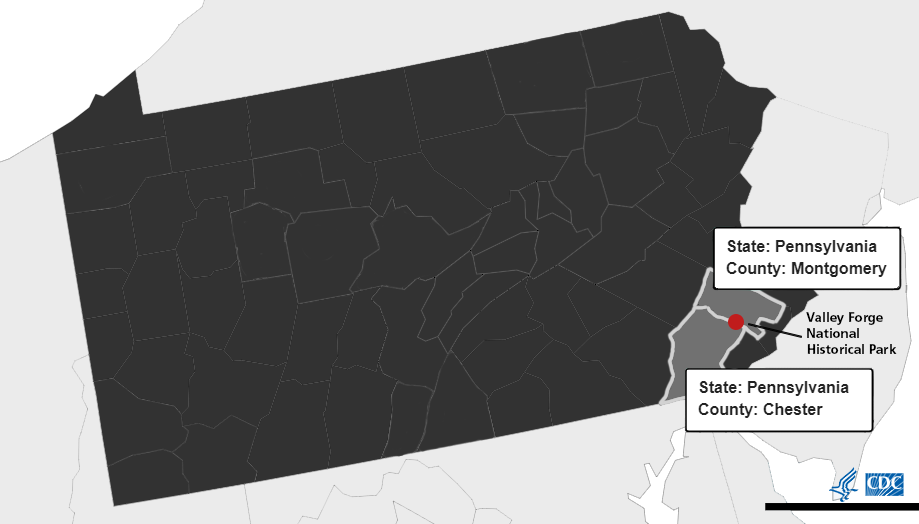 map of pennsylvania showing Chester and Montgomery Counties and the location of Valley Forge park