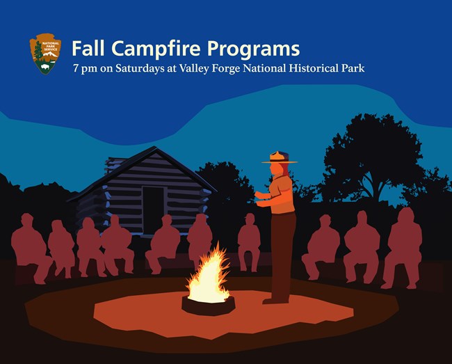 A park ranger stands next to a fire. Silhouetted people sit on benches. A log hut is in the background.