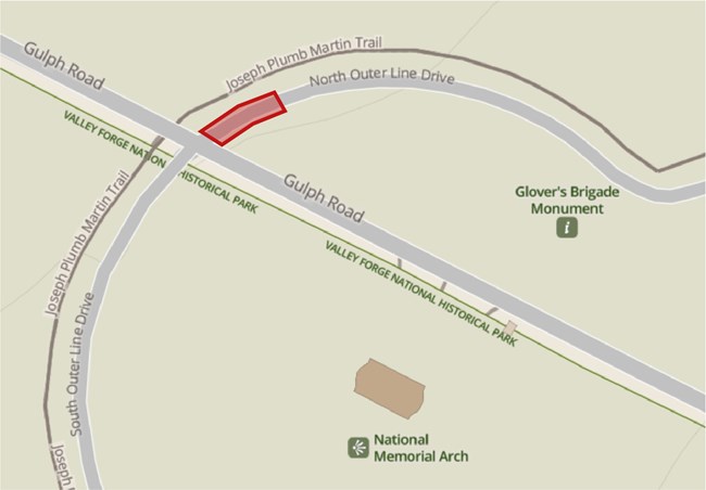 illustrated map graphic showing a red box on North Outer Line Drive near Gulph Rd and the National Memorial Arch.