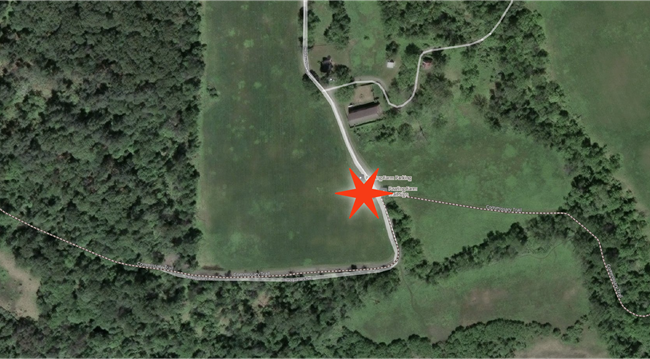 Aerial photo of Pawing Farm area with star in parking area marking pick up drop off location