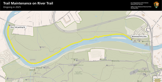 A map showing a highlighted 3-mile section of trail paralleling the Schuylkill River