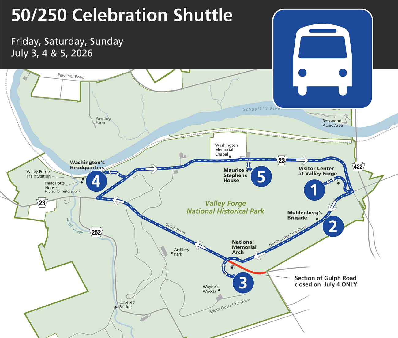 5 shuttle stops located around Valley Forge National Historical Park for the 50/250 Celebration July 3, 4, 5 2026