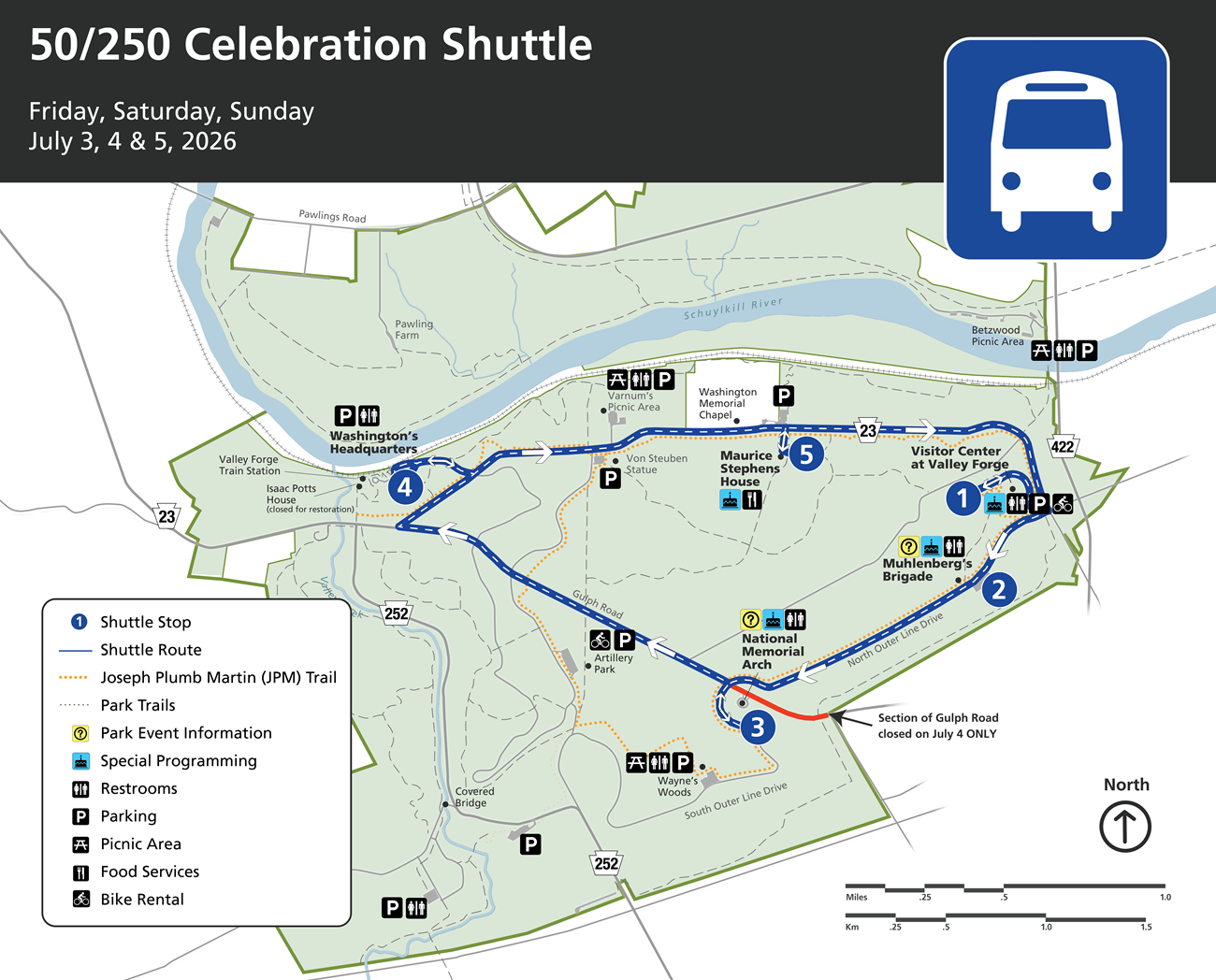 5 shuttle stops located around Valley Forge National Historical Park for the 50/250 Celebration July 3, 4, 5 2026