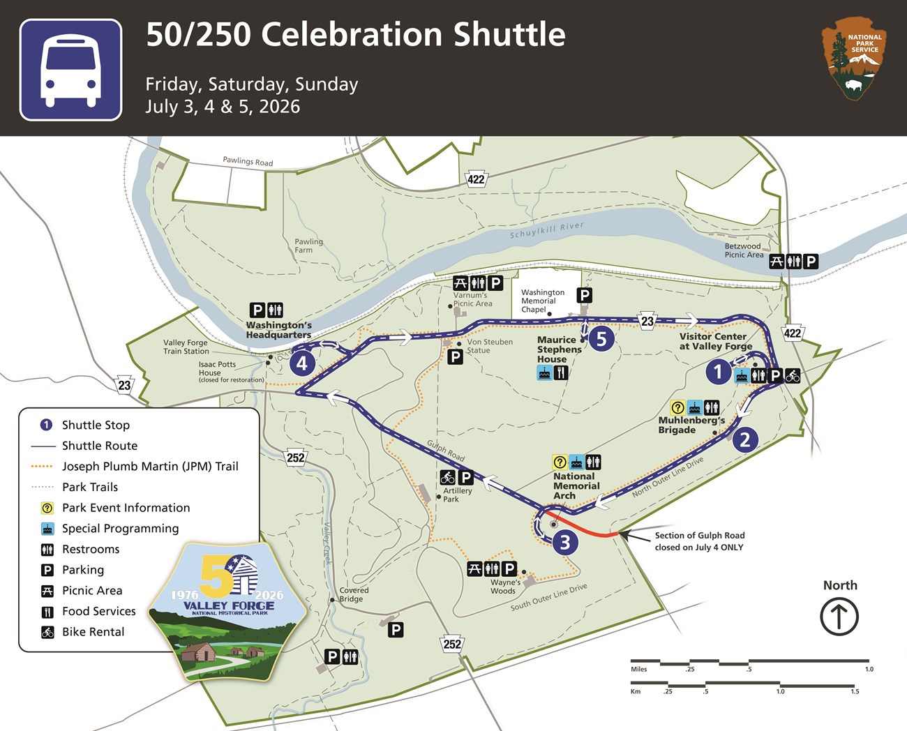 5 shuttle stops located around Valley Forge National Historical Park for the 50/250 Celebration July 3, 4, 5 2026