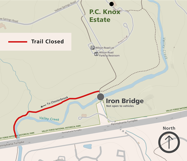 Map graphic showing iron bridge on Valley Creek. West of bridge is red line showing trail closure.