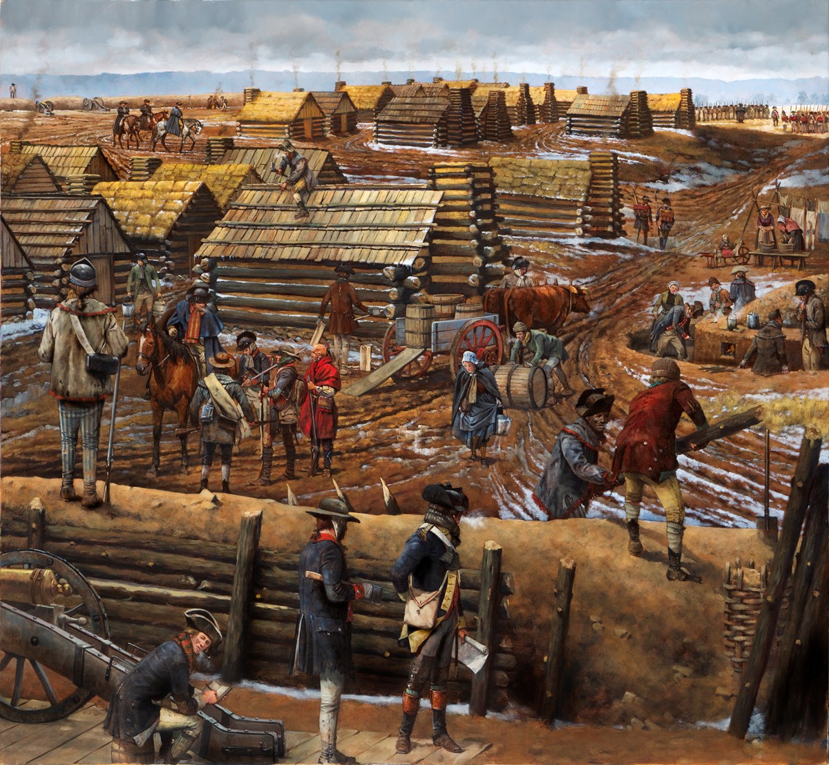 a painting depicting log huts, soldiers, native americans, women, children, a fort and a camp kitchen