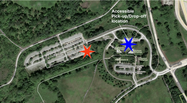 A top-down satellite image of the parking lot and visitor center area at valley forge