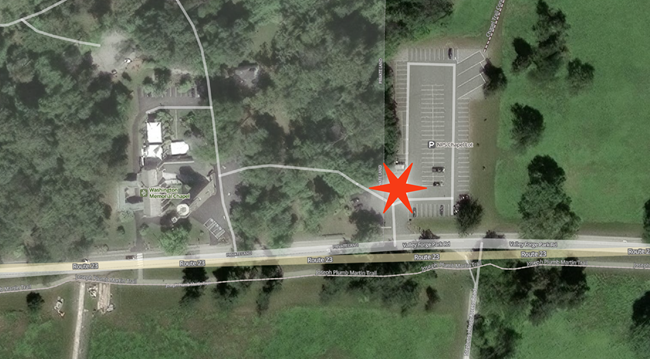 Aerial photo of Washington Memorial Chapel area with star in NPS parking lot