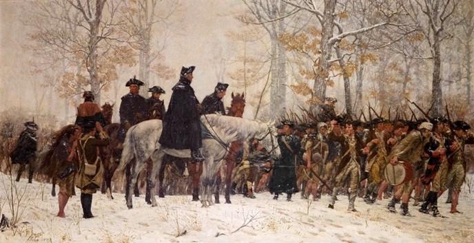 an oil painting depicting soldiers walking through the snow with George Washington on a horse.