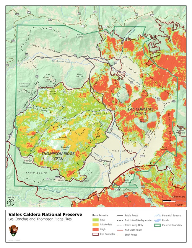 A map showing the burn areas of two wildfires at Valles Caldera: Las Conchas (2011) and Thompson Ridge (2013).