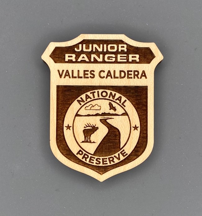 A wooden Junior Ranger badge that says Valles Caldera and shows a simple illustration of a river running through a valley with an elk and a large raptor.