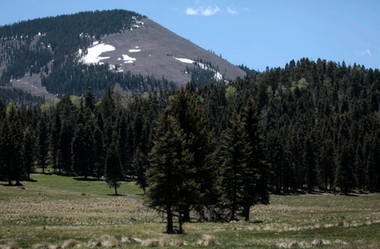 A snowcapped mountain with a rocky scree slope on one side