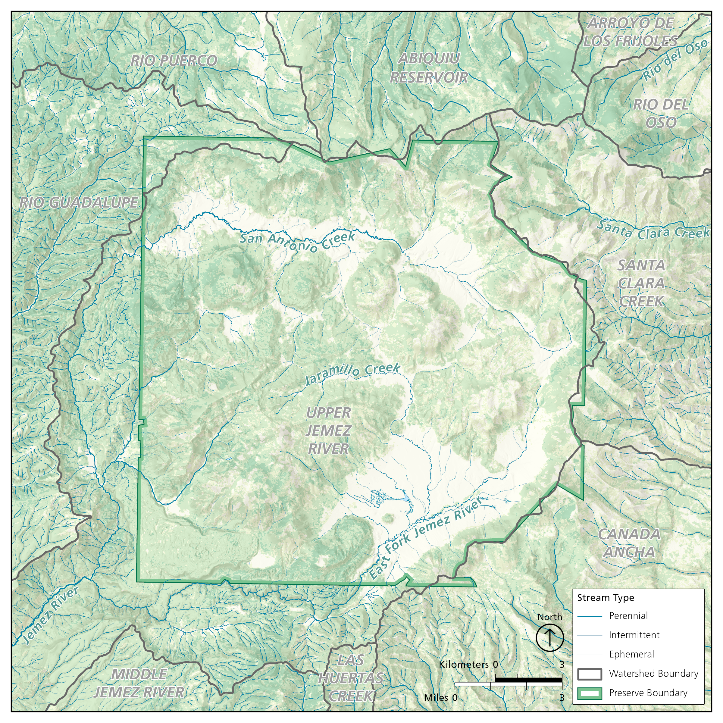 A map showing watershed boundaries and major waterways that begin at Valles Caldera National Preserve.