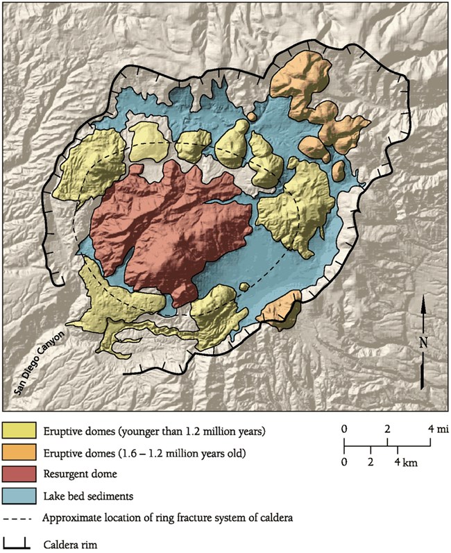 Map of Valles Caldera with color codes indicating age of volcanic domes, from 1.2 to 1.6 million years old