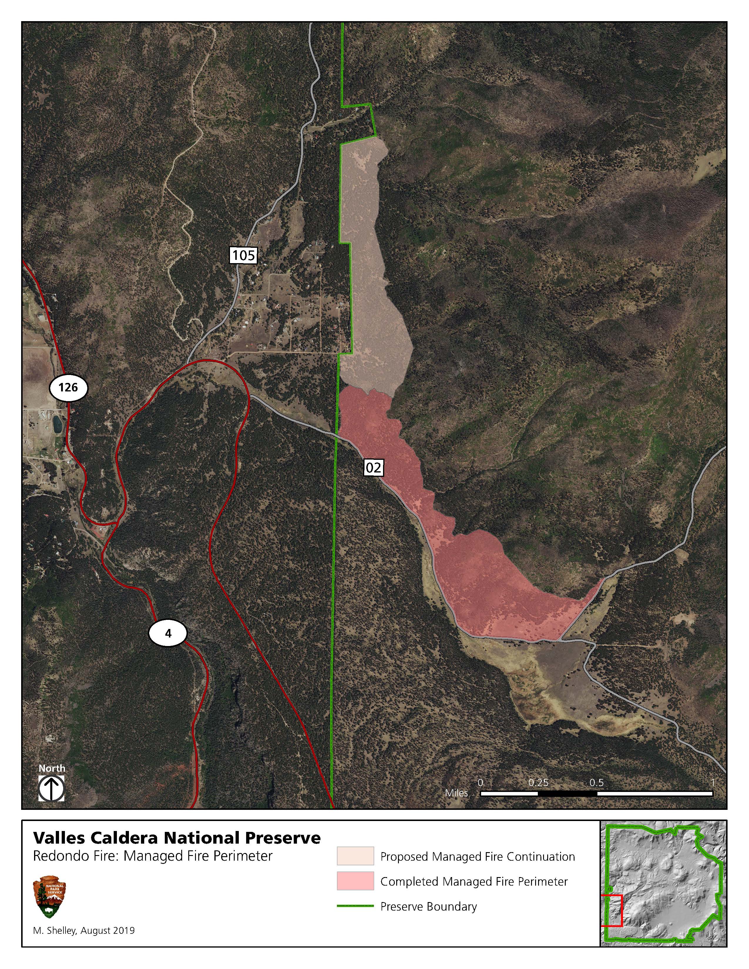 2019_Redondo_ManagedFire_Addition_20190828_proximity Map showing the expanded managed burn of the Redondo Fire. Arial imagery with color coded shading. A key below identifies which area has burned versus which area will burn. A small outline map in the lower right demonstrates where the fire will take pl