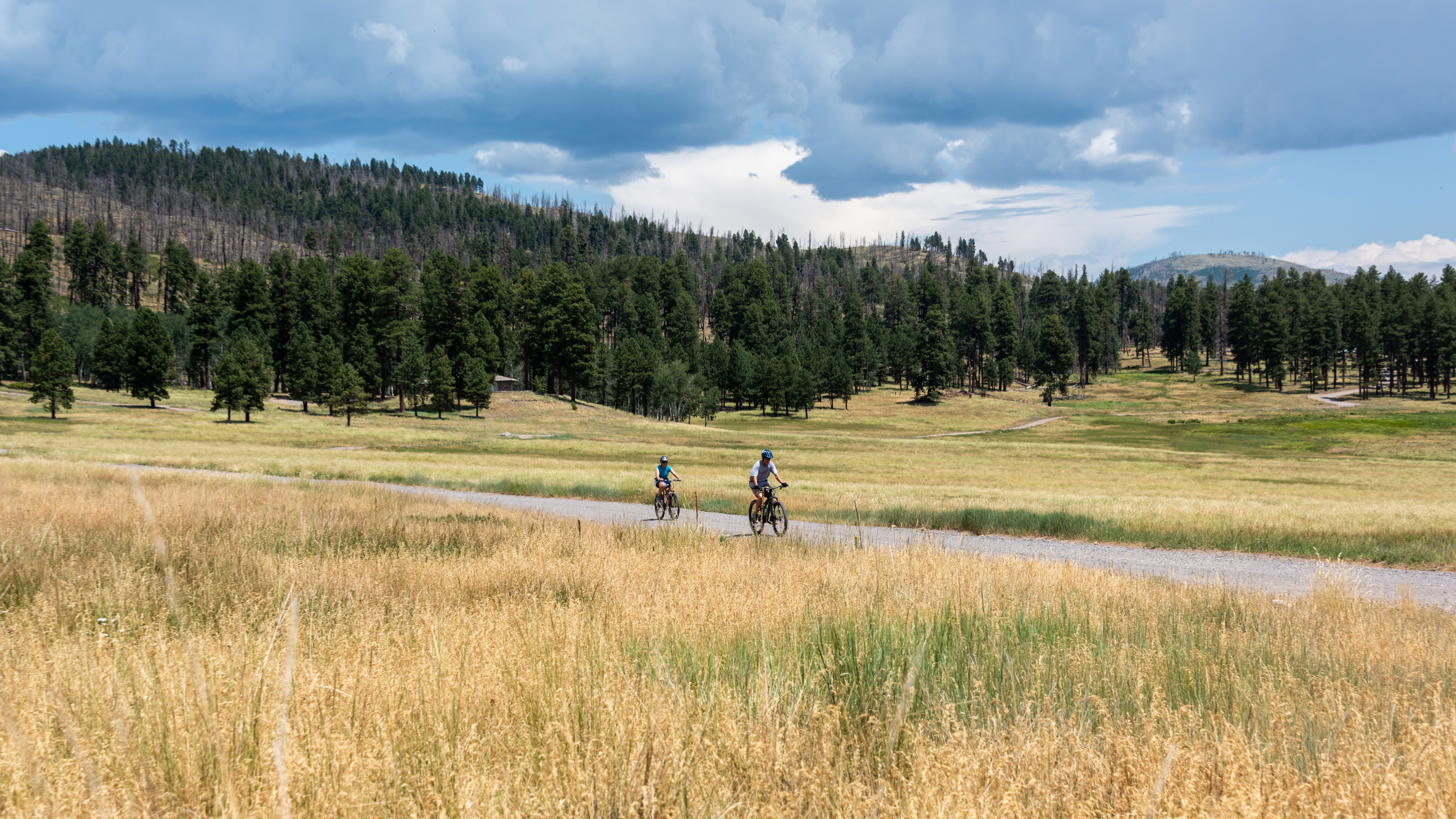Bike-riding in Valles Caldera Two visitors riding bikes along a path crossing a grassland.