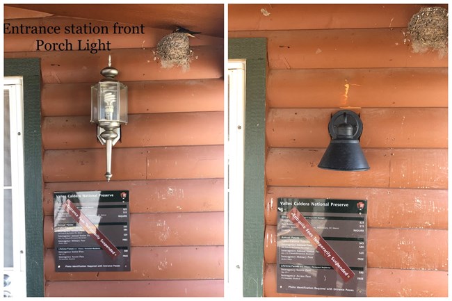 A before and after comparison of the retrofitted light fixtures at the Valle Grande Entrance Station.