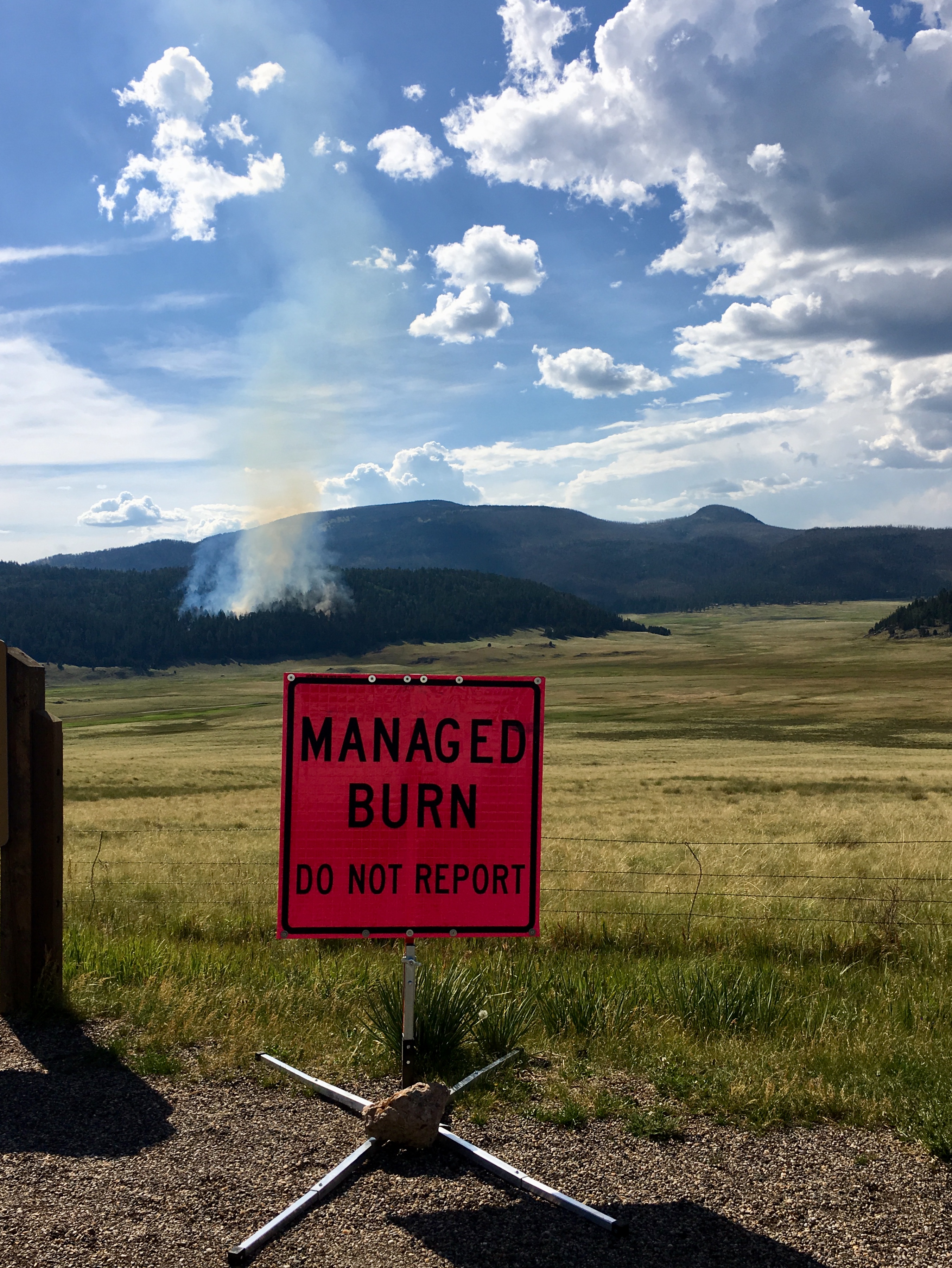 Smoke from Hidden Valley Fire behind sign reading, "Managed Burn"