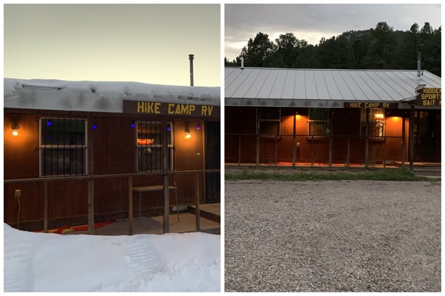 Before and after photos of exterior light fixtures at Hidden Valley Sporting Goods.