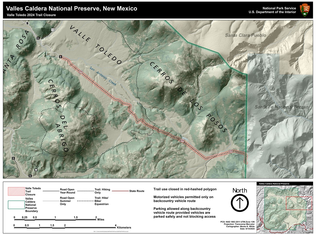 A map showing a trail closure from the Valle Toledo Trailhead to the eastern park boundary.