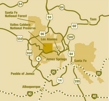 Simple map of Valles Caldera National Preserve, surrounding area, and nearby roads