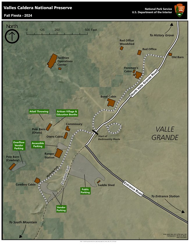 An event map for Valles Caldera Fall Fiesta shows public and vendor parking, artisan village, Ranger Station, walking trail, and historic cabins.