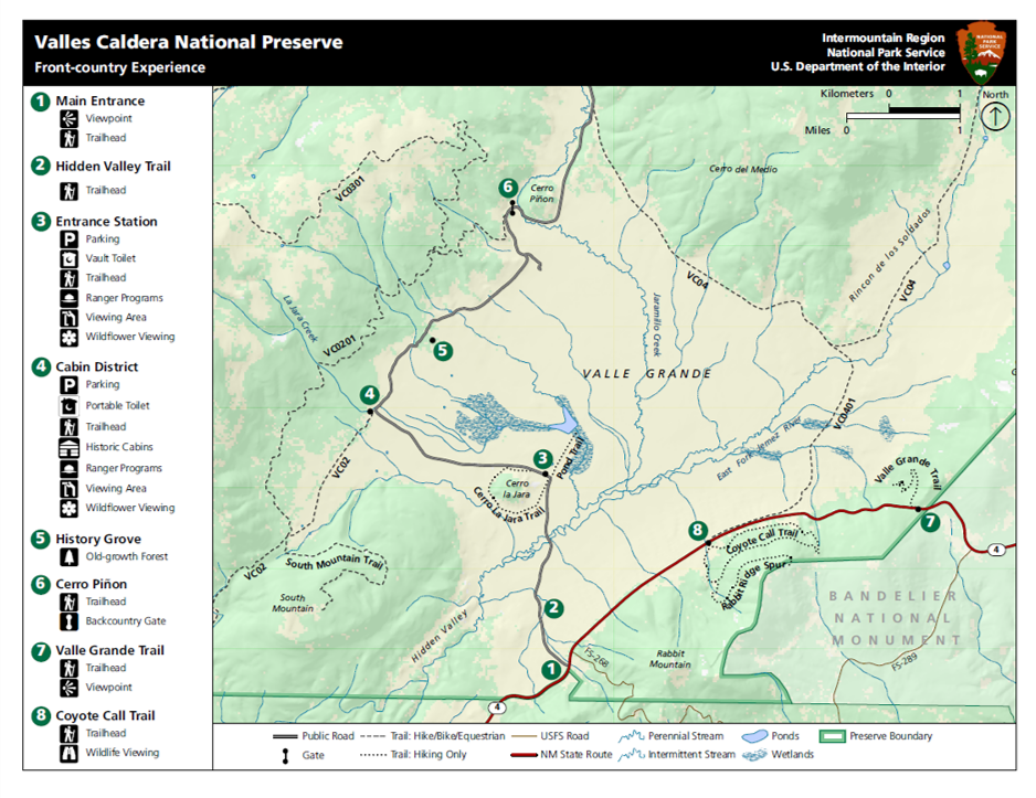 A color map of Valles Caldera's front-country roads, trails, and landmarks.