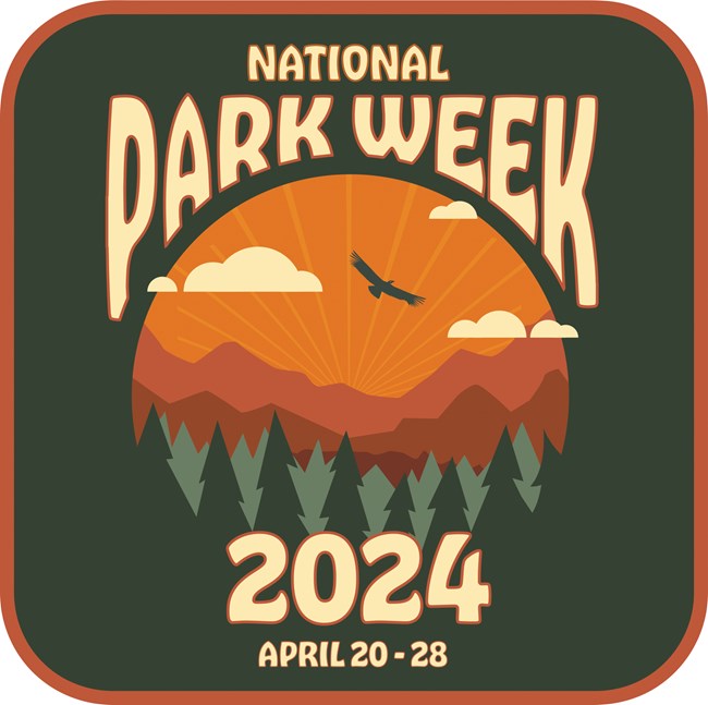 The National Park Week logo for 2024 includes green trees, an orange sunset, and a condor in flight.