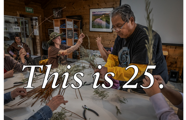 A traditional willow basket maker teaches a room full of people his craft.